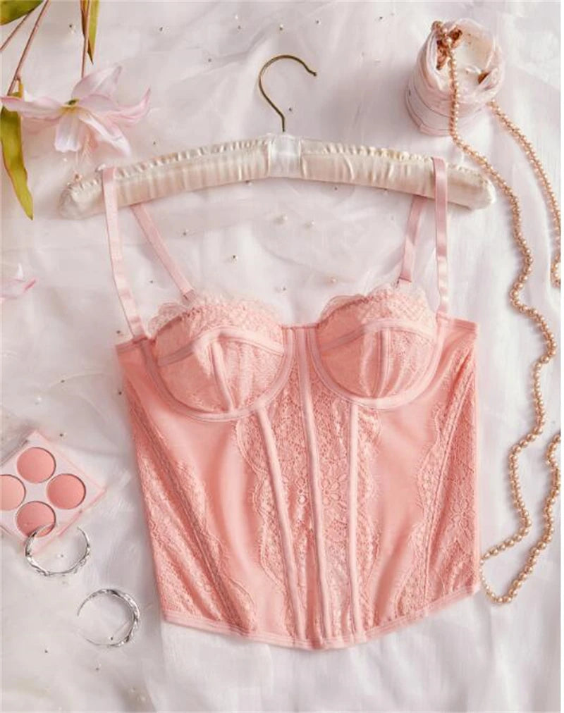 Sexy Lace Mesh Spaghetti Strap Open Back Boned Corset Women Summer Slim Lingerie Bodyshaper Bustier Camisole Halter Vest