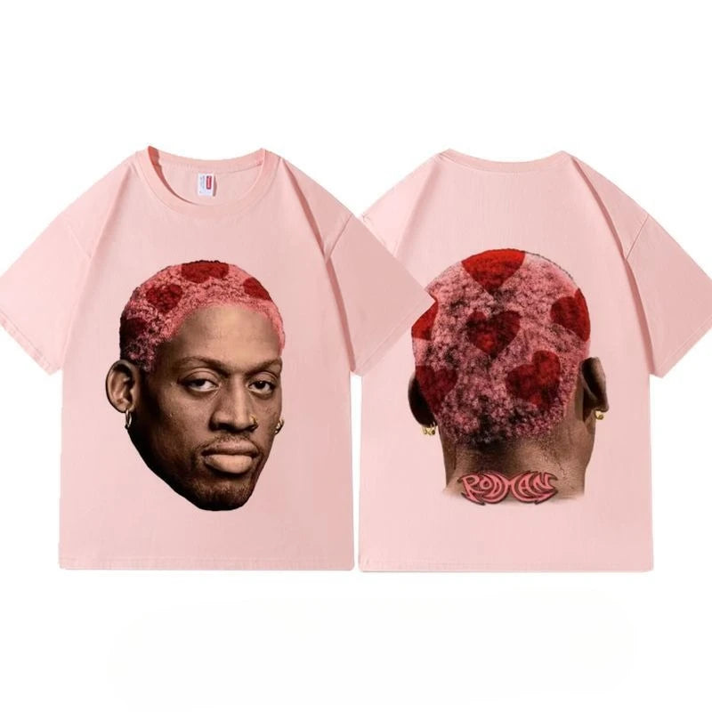 American Retro Basketball Rodman Print T-shirt Summer Round Neck Cotton Short Sleeve Unisex Sports Casual Ins Trend Tops Tees