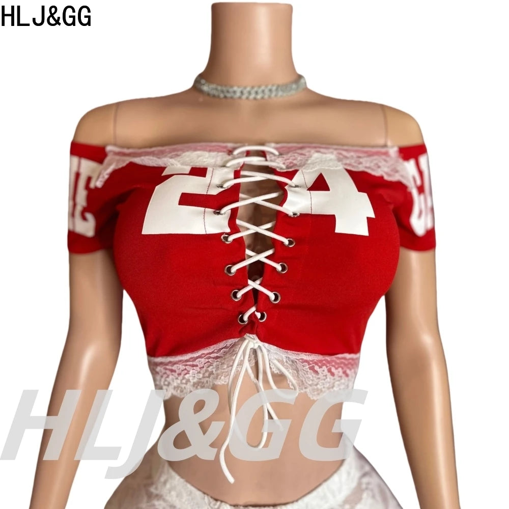 HLJ&GG Y2K Fashion Lace Bandage Hollow Out Two Piece Sets Women Off Shoulder Short Sleeve Slim Crop Top And Ruffle Shorts Outfit