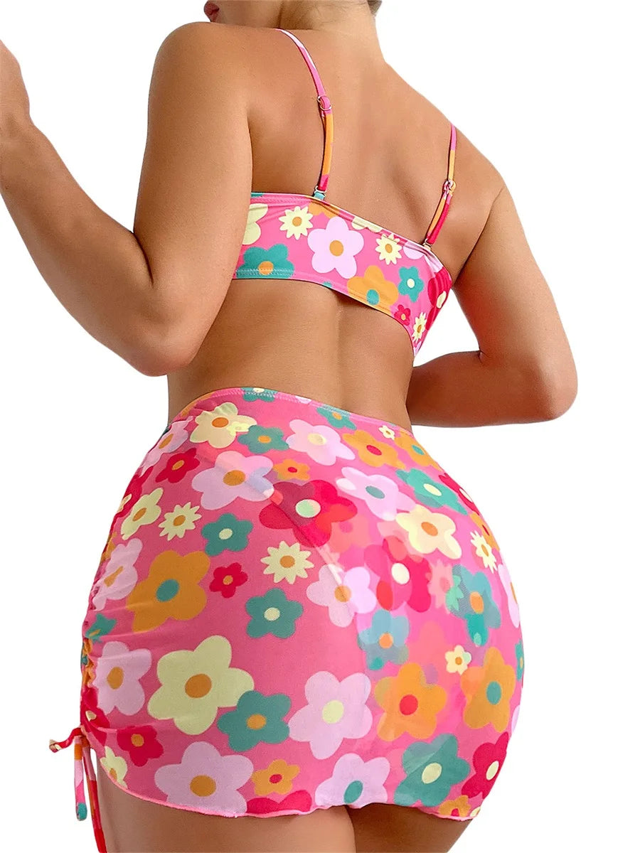 Women 3pcs Swimsuit Set Floral Sleeveless Push Up Bra and Elastic Briefs Cover Up Skirt Beachwear Bathing Suit