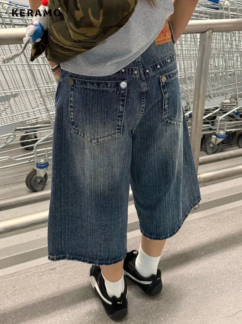 Harajuku Street Style Y2K Vintage Shorts High Waist Baggy Punk Blue Jean Women Casual Loose Fit Calf Length jeans Shorts
