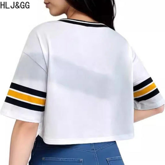 HLJ&GG Summer New Y2K Letter Print Two Piece Sets Women V Neck Short Sleeve Crop Top And Ruffle Skirts Shorts Outfits Streetwear