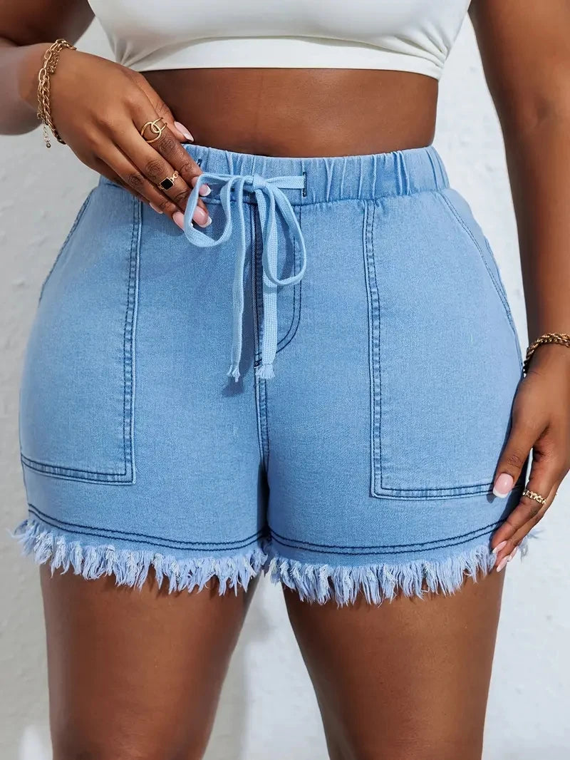 Ladies Plus Size jeans Shorts with High Stretch Elastic Waistband and Tassel Style, Fashionable and Versatile Jeans