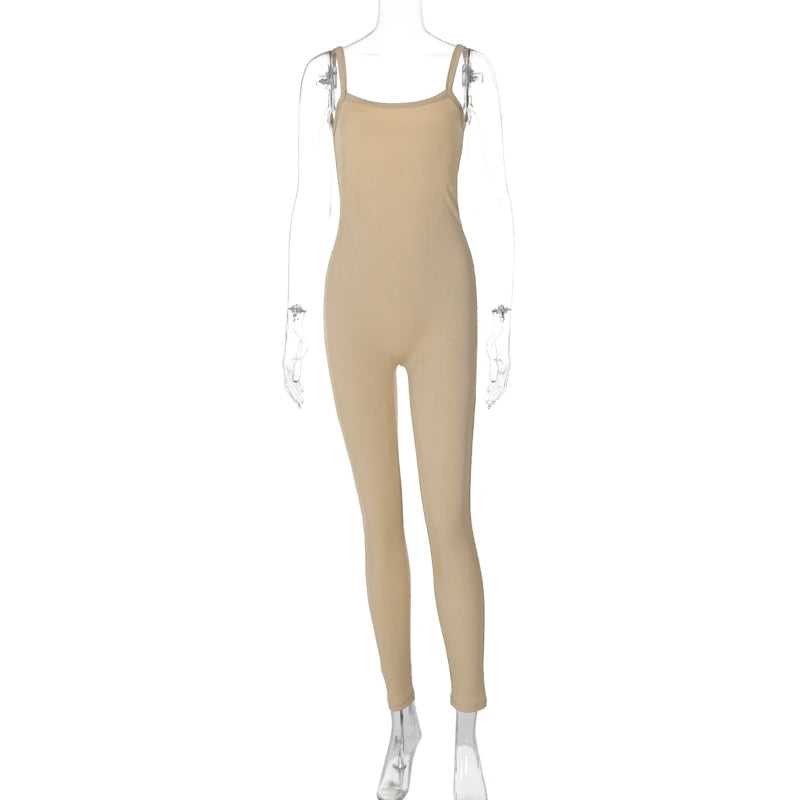 Hugcitar 2024 Fashion Ribbed Solid Slips Backless Sexy Skinny One Piece Jumpsuit Women Y2K Romper Vacation Sport Overalls
