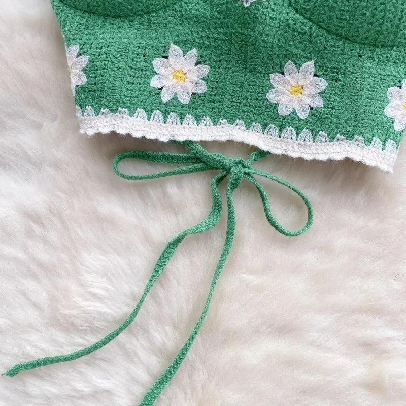 Vacation Style Camis Vest Women Patchwork Sweet Hook Flower Sexy Backless Suspender Camisole Hanging Neck Outwear Crop Tops