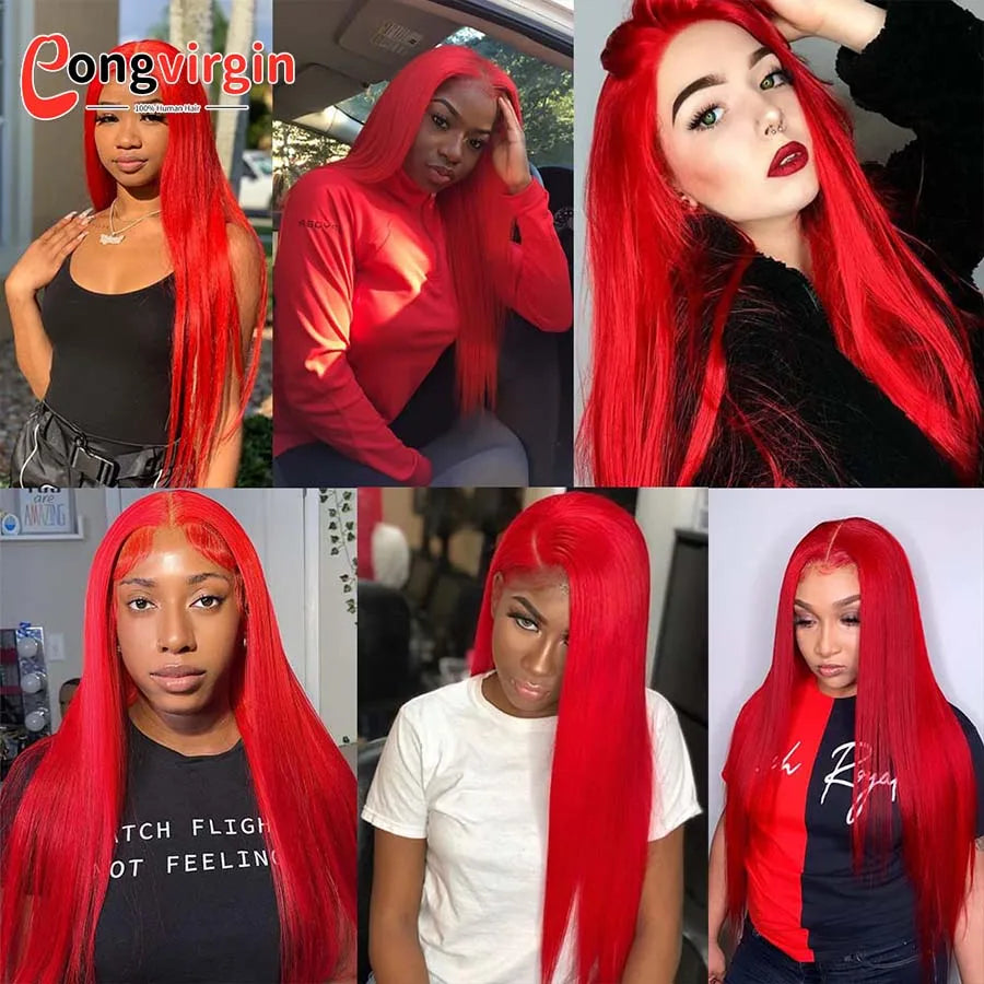 250% Hot Red 360 Full Lace Wig Human Hair Pre Plucked Hd Transparent Lace Front Wig 99J Bone Straight Lace Frontal Wig For Women