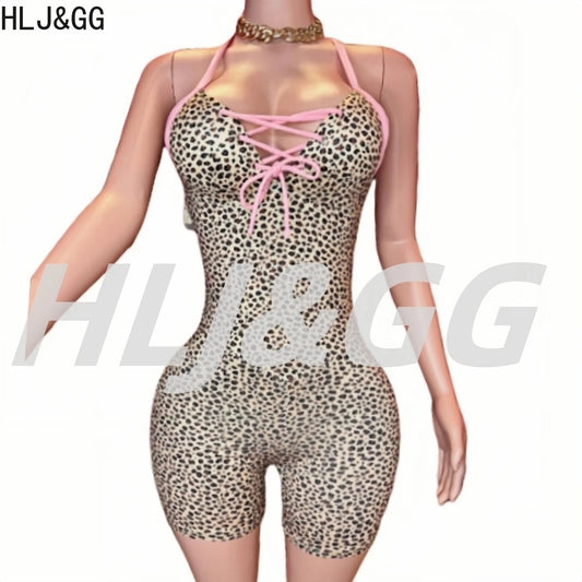 HLJ&GG Summer New Leopard Print Bow Bodycon One Piece Rompers Women Hollow Out Halter Backless Slim Jumpsuits Fashion Streetwear