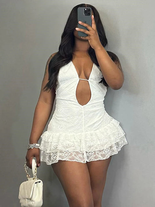 Weird Puss Halter Tierred Cake Dress Low-Neck Sexy Backless Midnight Party Coquette Summer Trend Stretch Vacation Rave Bodycon