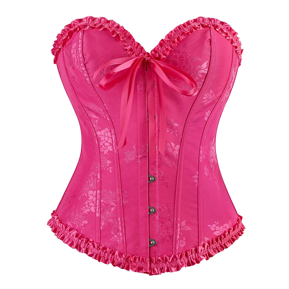Women Floral Overbust Corset Waist Bustier Top Black White Red Blue Korset Shaper