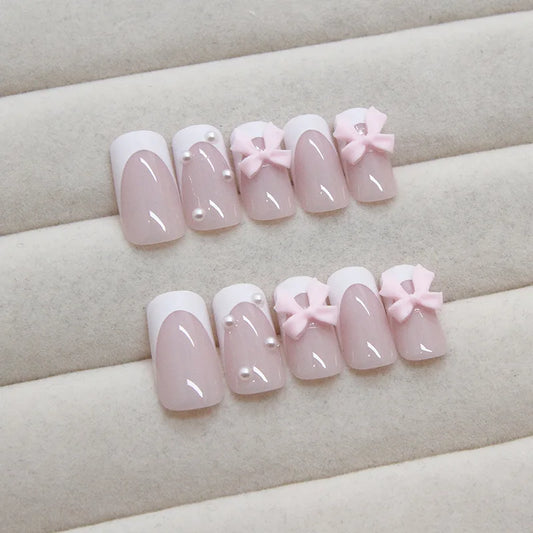 24pcs White French Ballet Fake Nails with Pink Bow Design Sweet Girl False Nails Wearable Ins Simple Pearl Decor Press on Nails