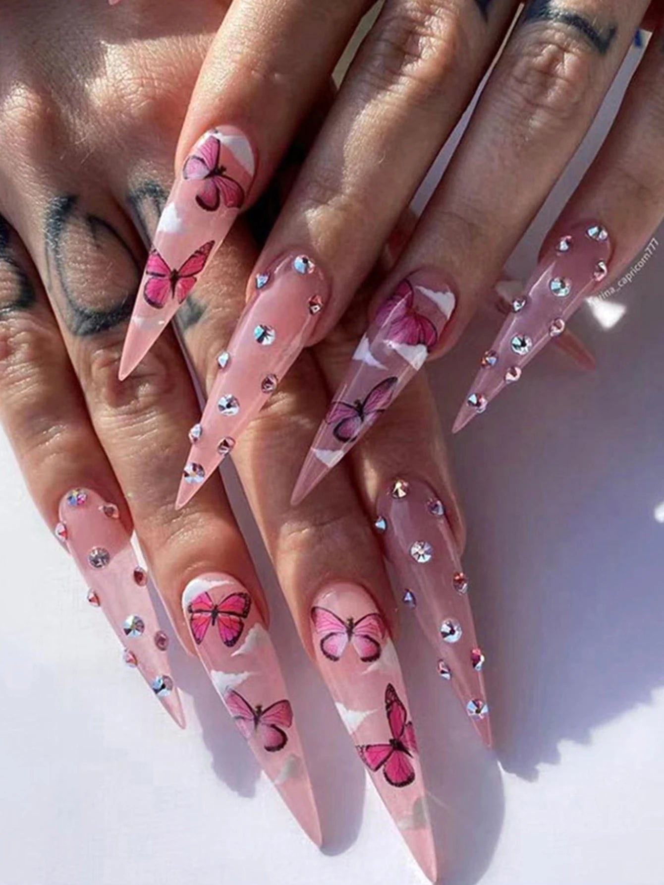 24pcs Long Ballet French Press on Nails with Cute Pink Bow Shiny Diamond Decor False Nail Tips Wearable Sweet Korean Fake Nails