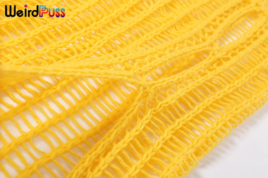 Weird Puss Summer Knit Sexy Long Skirt Women Crochet Elastic See-Through Hollow Out Grid Party Wild Streetwear Solid Bottoms