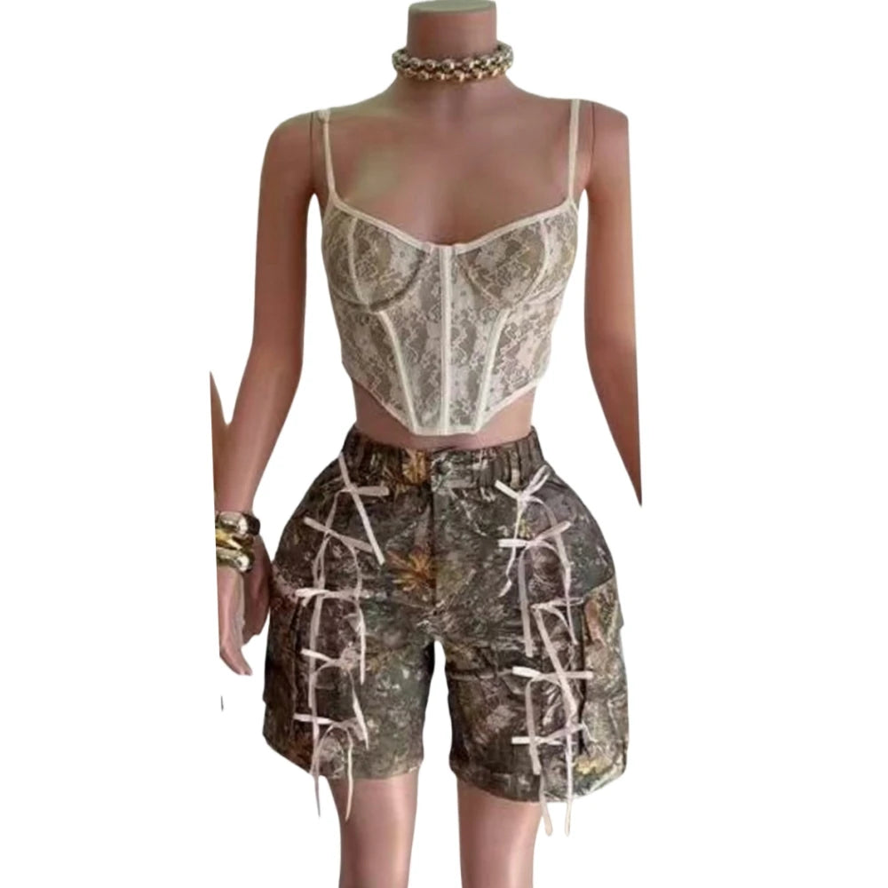 HLJ&GG American Vintage Style Women High Waist Button Harajuku Straight Shorts Fashion Print Pocket Bow Bottoms Streetwear 2025