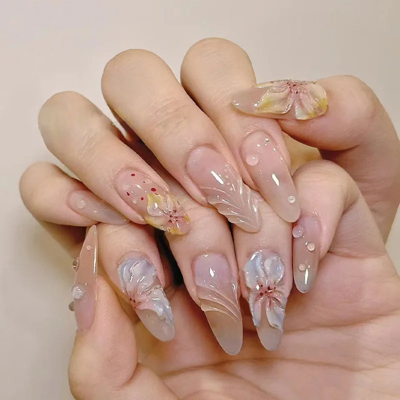 24pcs Short Almond French Press on Nails Ins Flower Design Fake Nail Tips Wearable Full Cover Sweet Korean Cute Fake Nail Patch