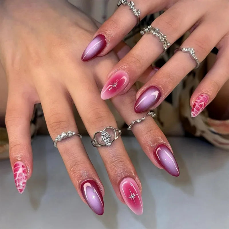 24pcs Pink Crocodile Print Press on Nails Fashion Star Leopard Print French False Nails Wearable Reusable Spice Girl Fake Nails