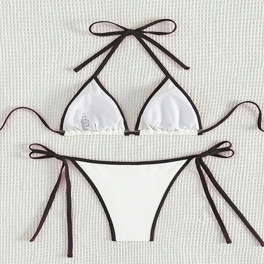 Contrast Color Patchwork Bikinis Bathing Suit Women Sexy Lace Up Triangle Thong Micro Bikini 2025 New Swimwear Biquini Beachwear