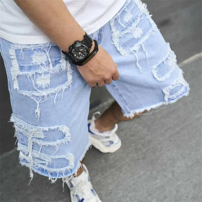 Denim Hole Knee Length Men Washed Jean Mid Waist Spliced Ripped Pockets Loose Fit Distressed Straight Pants 2024 Casual