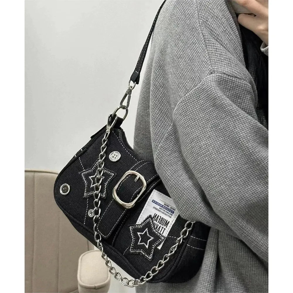 Y2K Canvas Chain Shoulder Bag jeans Stars Pattern Underarm Bag Women's Handbag for Woman Girls