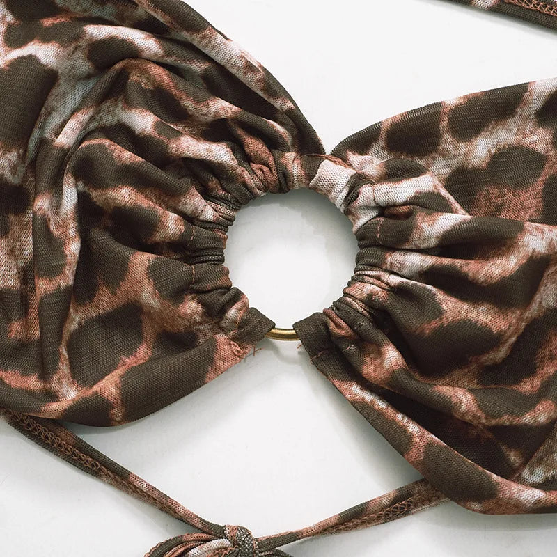 Weird Puss Sexy 3 Piece Set Women Leopard Print Mesh Full Sleeve Shawl+Bandage Metal Buckle Bra+Pants Street Trend Matching Suit