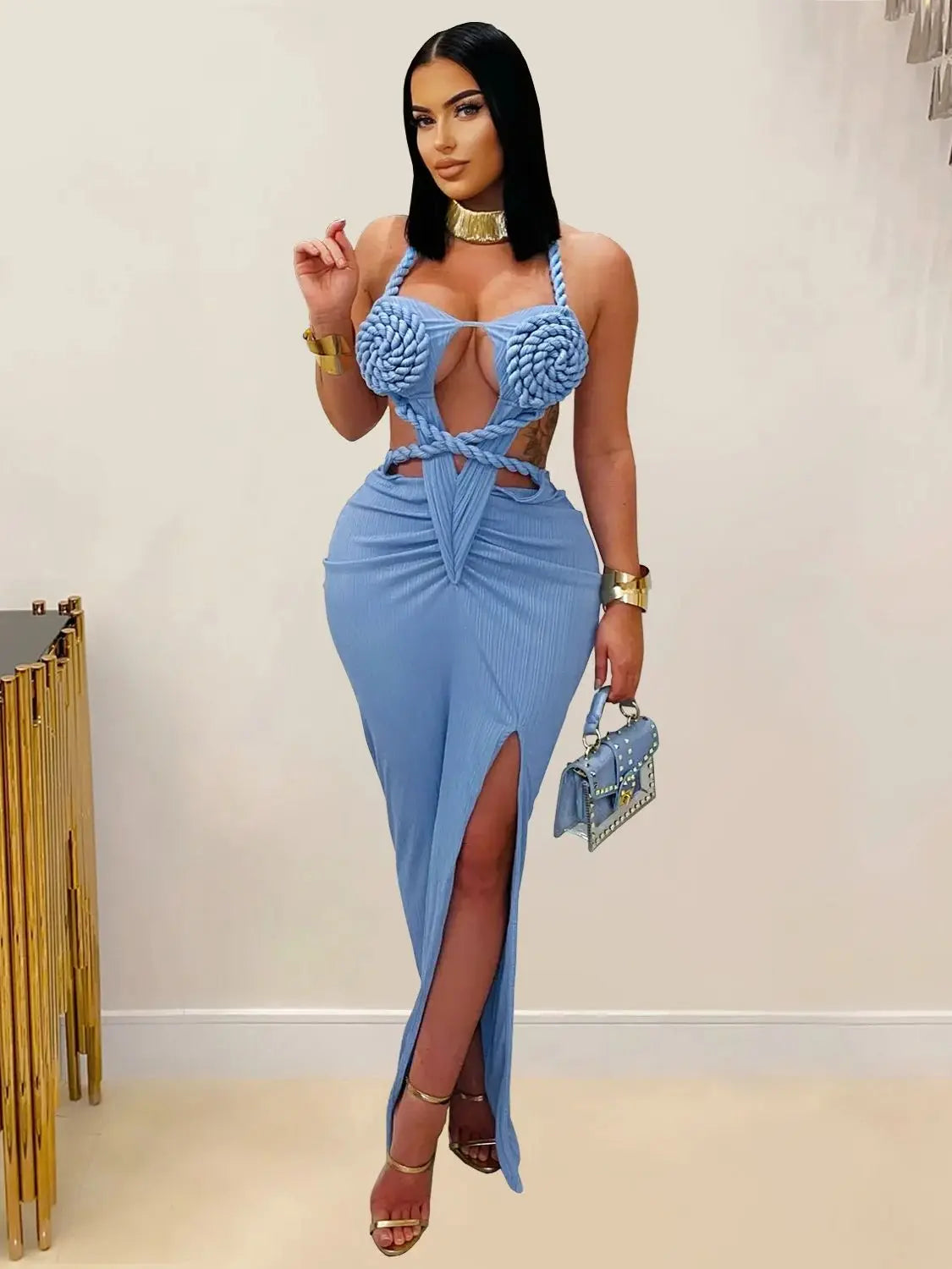 Weird Puss Sexy Plait Dress Women Summer Peach Buttocks Backless Sleeveless Split Hollow Midnight Party Clubwear Maxi Bodycon