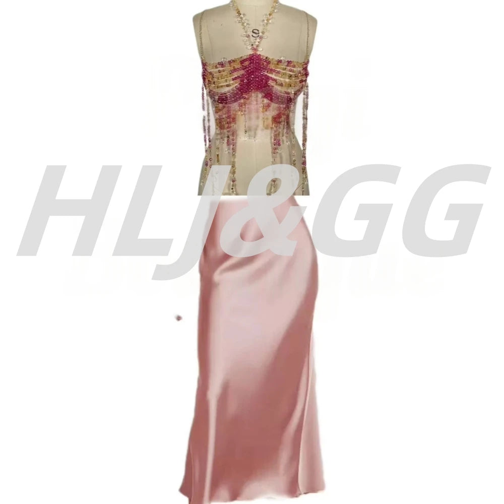 HLJ&GG Sexy Rhinestone Beads Halter Hollow Two Piece Sets Women Sleeveless Backless Top + Satin Skinny Skirts Outfits Streetwear