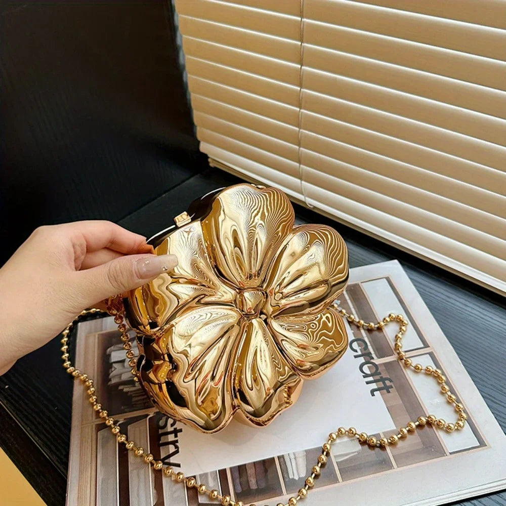 1 rose gold floral acrylic clutch bag, Lily of the Valley charm, PVC messenger bag with magnetic buckle, solid color gloss
