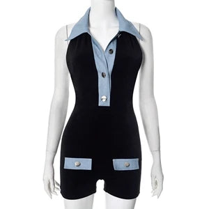 STYLISH LADY Contrast Color Playsuits 2025 Summer Women Turn Down Collar Backless Bodycon Sexy Club Party Street Rompers