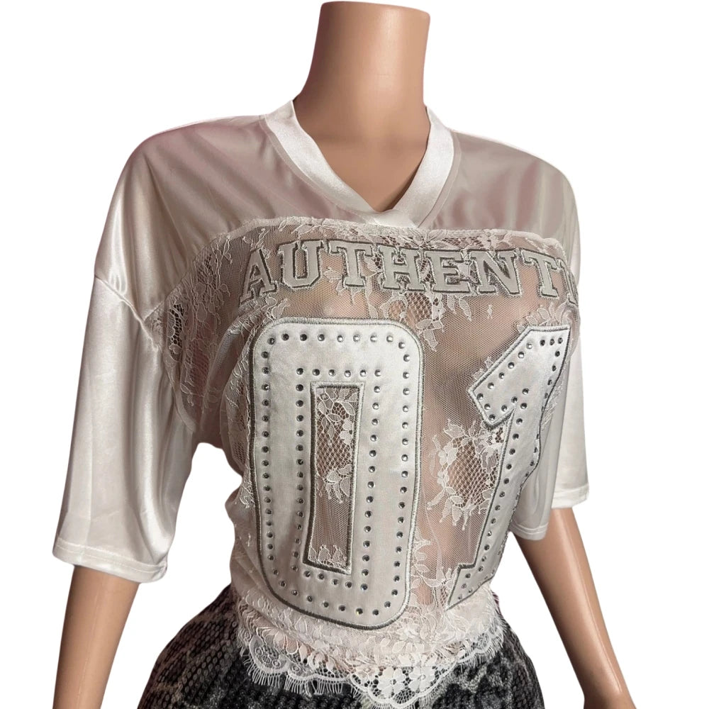 HLJ&GG Sexy Lace Splicing Letter Print Loose Tshirts Women V Neck Short Sleeve Straight Tops Fashion See Though Club Streetwear
