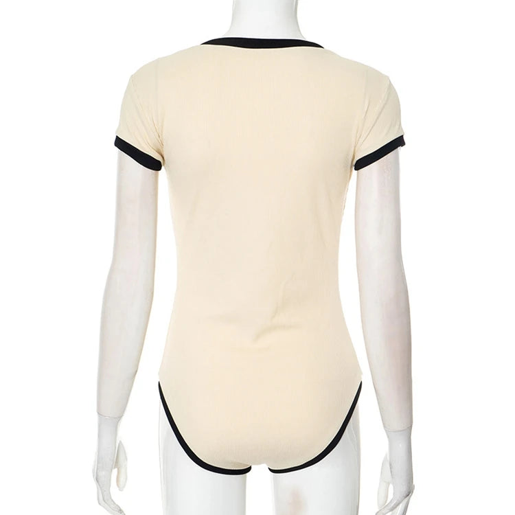 STYLISH LADY Ribbed Button Bodysuits 2025 Summer Women Short Sleeve O Neck Black Nude Sexy Club Street Bodycon Rompers