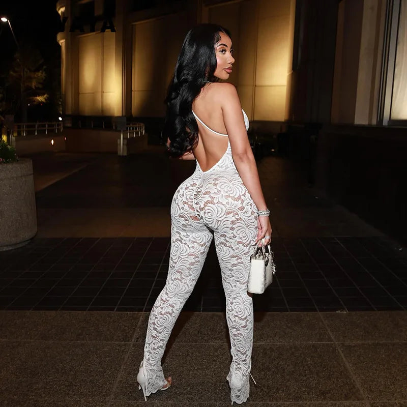 CM.YAYA Fashion Women Spaghetti Strap V-neck Backless Lace See Though Jumpsuits Sexy Club Party Outfits One Piece Suit Rompers