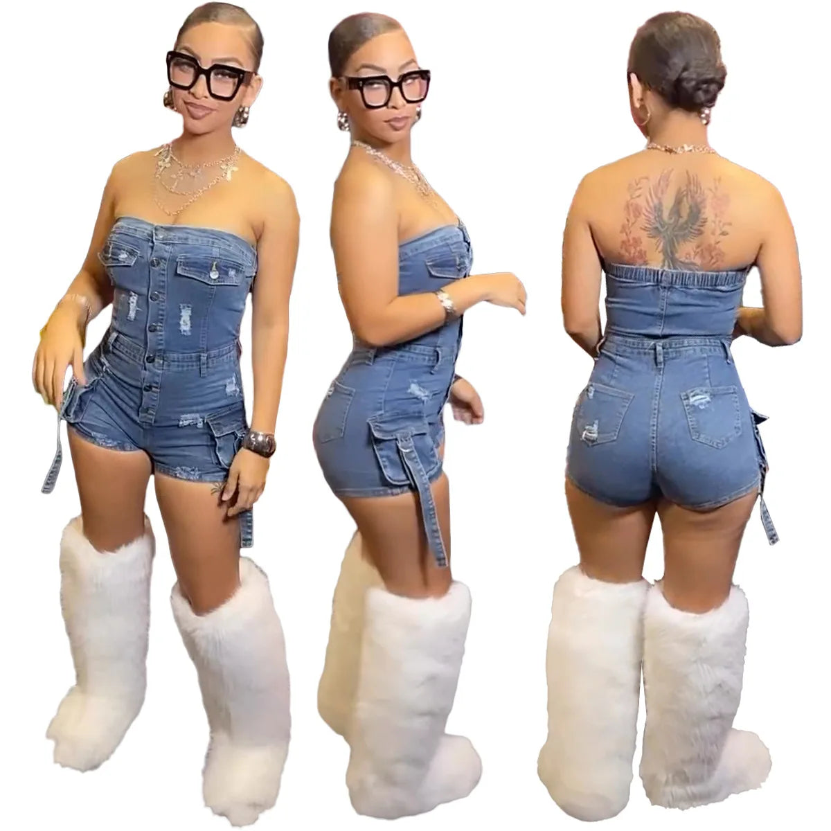 HLJ&GG Blue Sexy jeans Pocket Cargo Bodycon Rompers Women Off Shoulder Sleeveless Backless Slim Jumpsuit Fashion Cowboy Playsuit