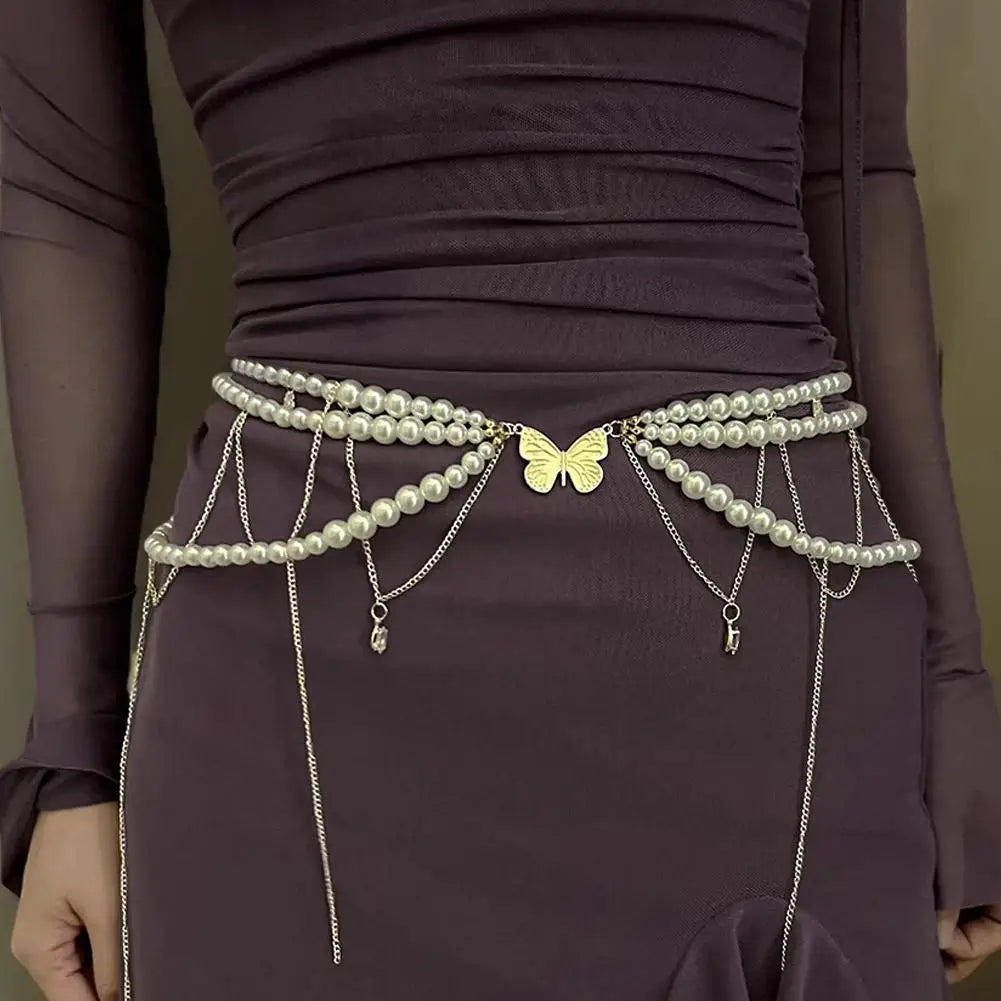 Fashion Y2K Retro Multilayer Pearl Waist Chain Belt For Women - Stylish Body Jewelry Accessories For Party & Casual Wear