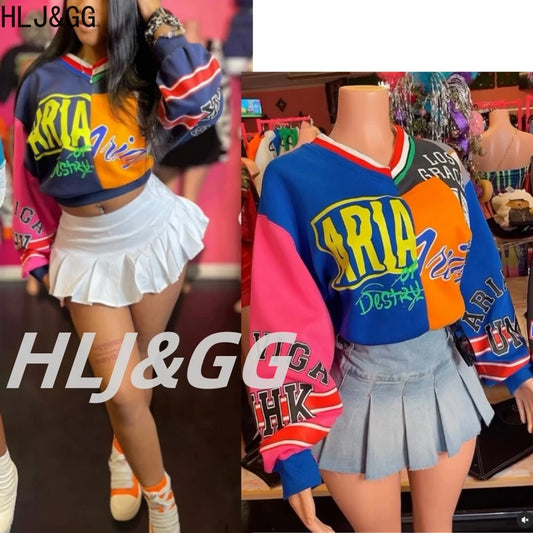 HLJ&GG Fashion Letter Graffiti Print Pullover Two Piece Sets Women V Neck Long Sleeve Loose Top + Pleated Mini Skirts Streetwear