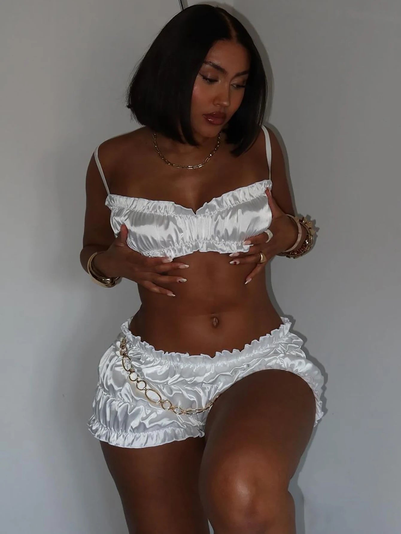 Weird Puss Elegant Trend Women 2 Piece Set Ruched Tracksuit Summer Sexy Ruffles Skinny Camisole+Shorts Casual Streetwear Outfits