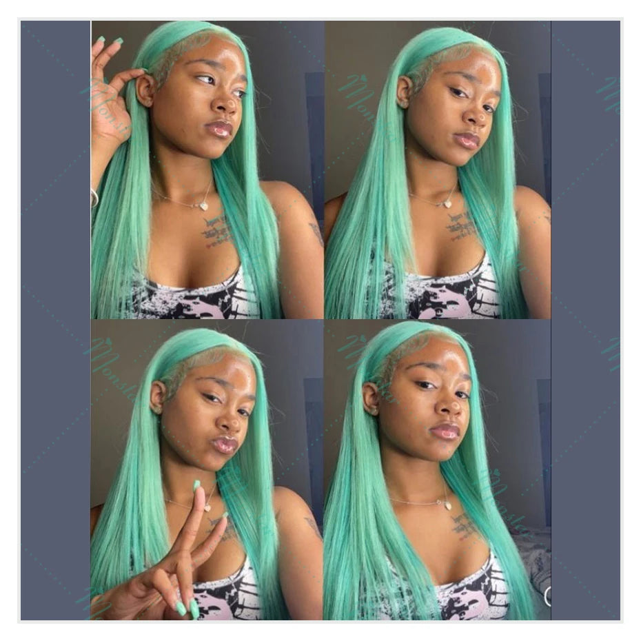 Mint Green Colored Human Hair Wigs Brazilian Straight 13x6 HD Transparent Lace Frontal Human Hair Wigs for Black Women 200% 250%