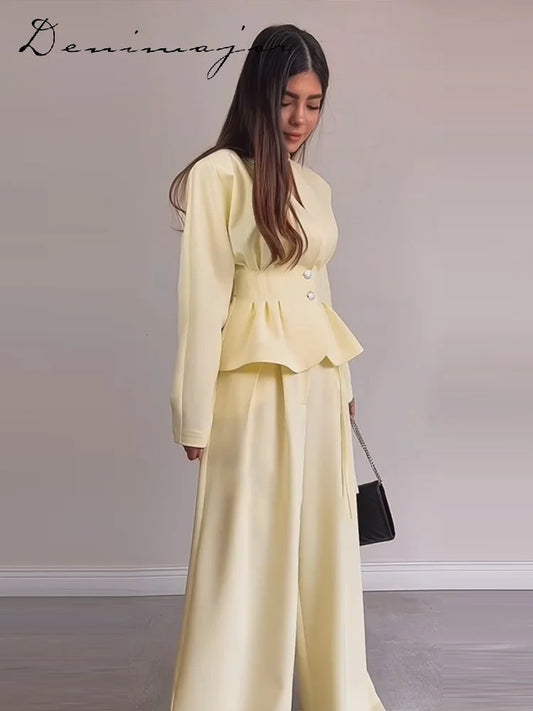 Fashion Solid Two-Piece Set Women V-Neck Ruffle Hem Waist-cinching Coats Bow Lace Up Wide Leg Pants 2026 Autumn New Lady Outfit