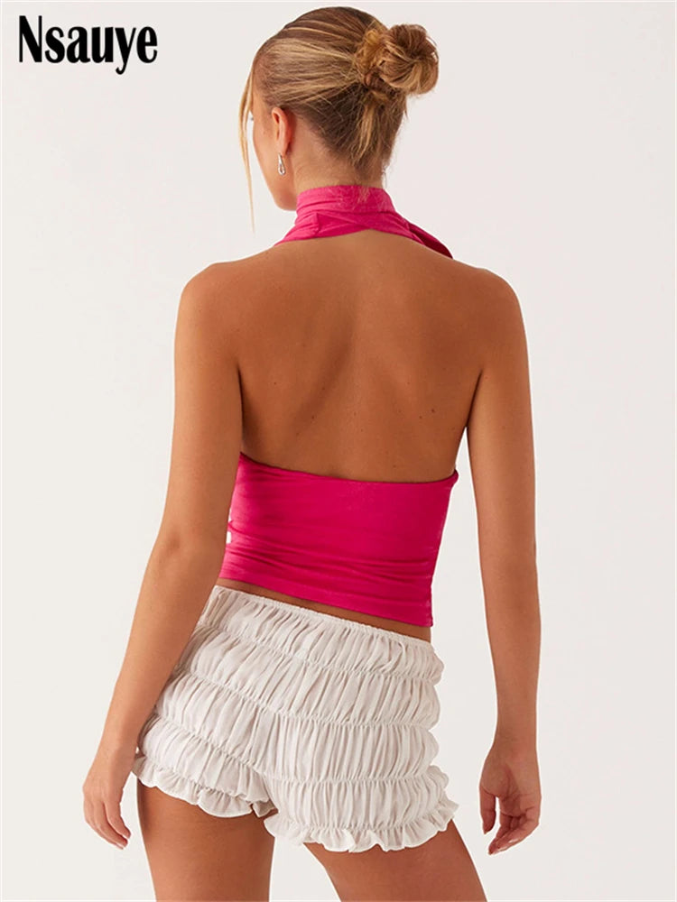 Nsauye Women Casual Clothes Halter Mini Skinny Low Cut Out Vest Tank Tops 2025 Summer Fashion Sexy Club Sleeveless Y2K Crop Tops