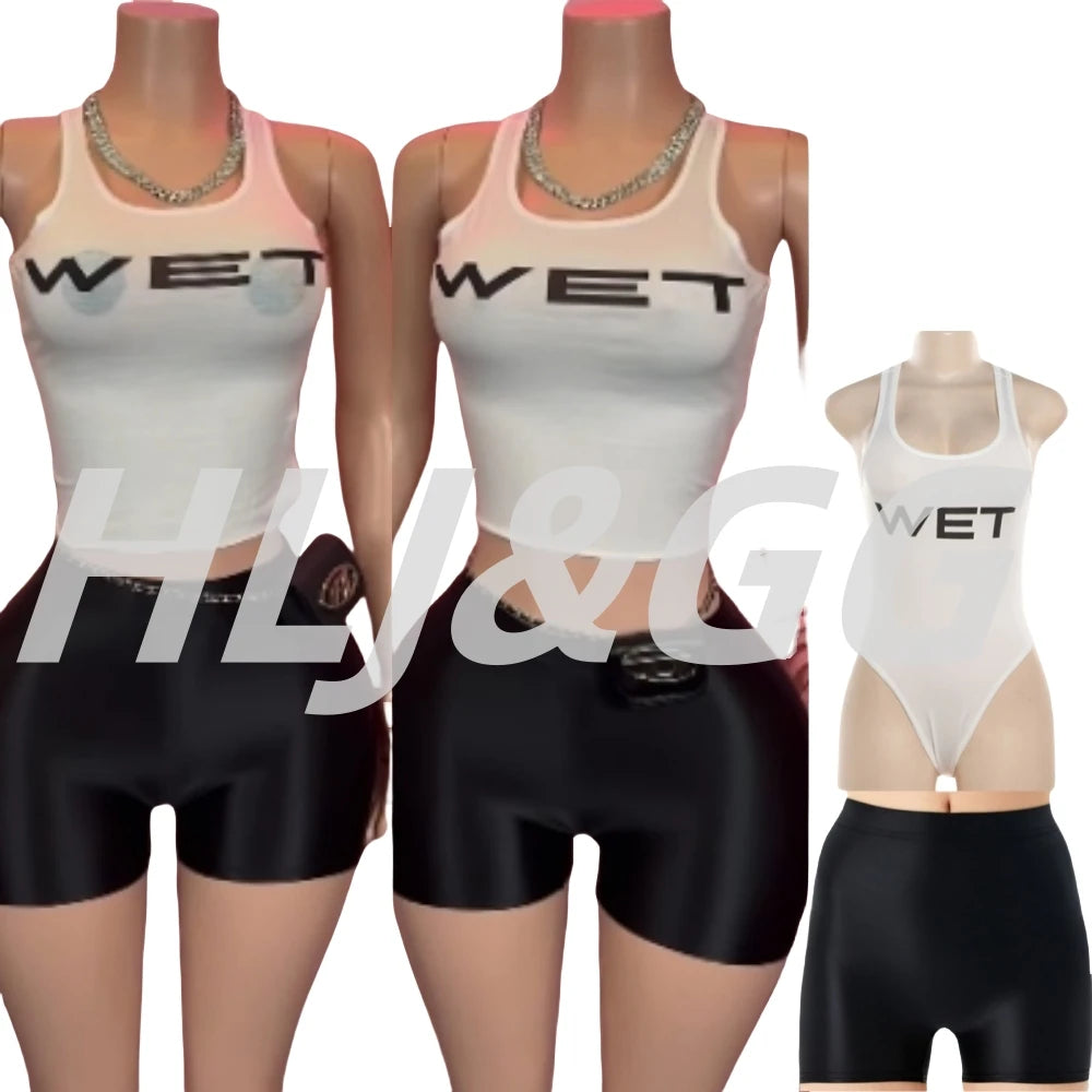 HLJ&GG Sexy Hot Girl Letter Print Bodysuits Two Piece Sets Women Round Neck Sleeveless Top And Shorts Outfits Fashion Streetwear