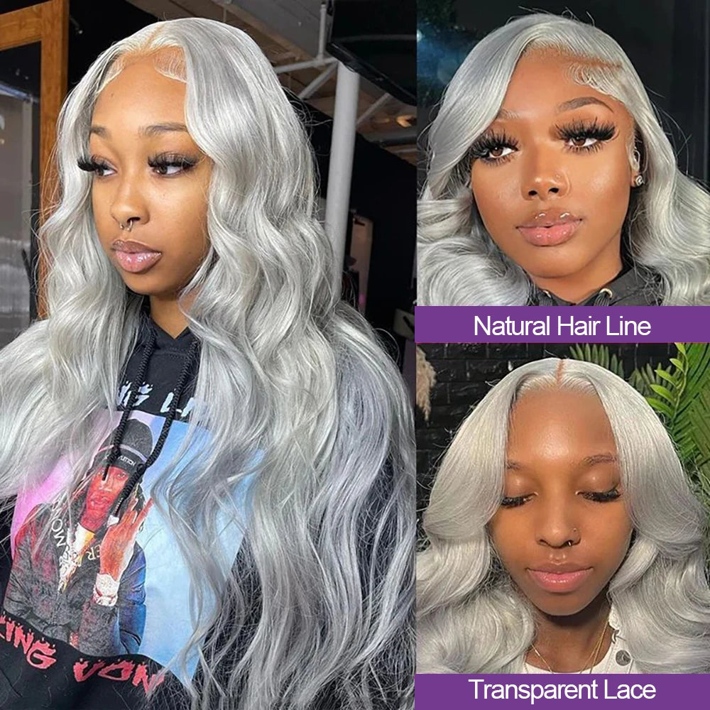 613 silver gray colored curl Wig 13x6 transparent Lace Front Body wave Wig 100% Brazilian Human Hair length lace Wig of Wowen