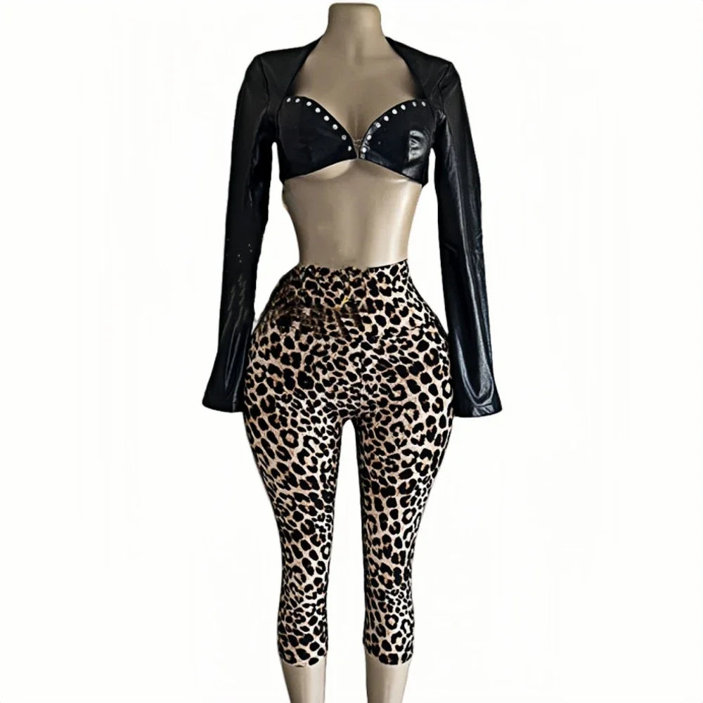 HLJ&GG Fashion Leather Long Sleeve Crop Jacket + Skinny Leopard Pants Two Piece Sets Y2K Cool Girl Outfits Women Sexy Streetwear