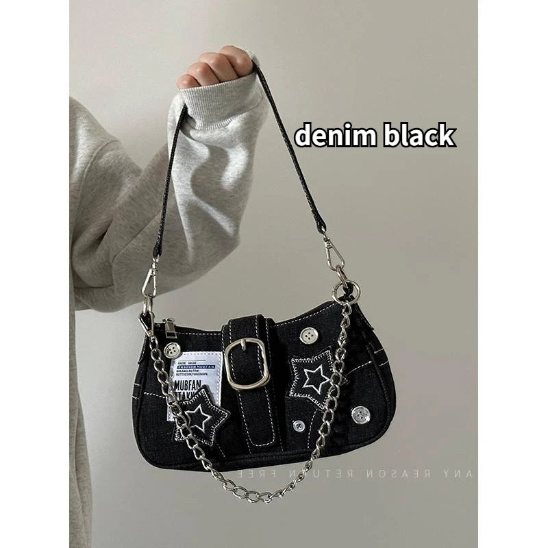 Fashion Vintage Y2k Ladies Shoulder Bags Sweet Cool Star Chain Women's Underarm Bag Black Goth Denim Female Tote Handbag Purse