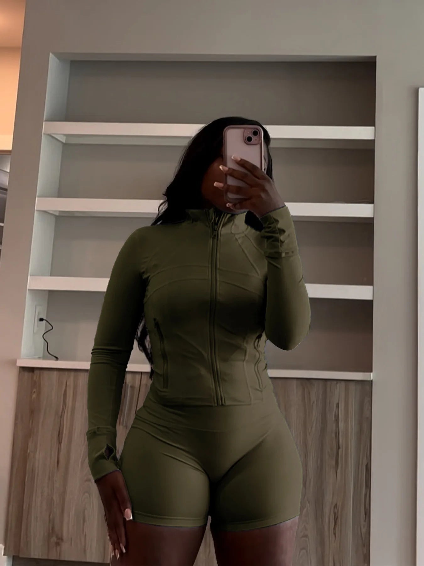 HLJ&GG Casual Sporty Skinny Shorts Two Piece Sets Women Zip Long Sleeve Slim Top + Shorts Outfits Summer New Stretchy Tracksuits