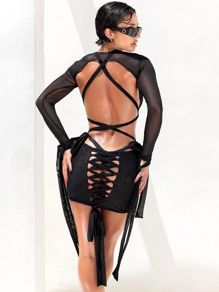 Weird Puss Irregular Backless 2 Piece Set Woman Bandgae Sexy Bodysuits+Mesh See Through Dress Vacation Beach Party Trend Outfits