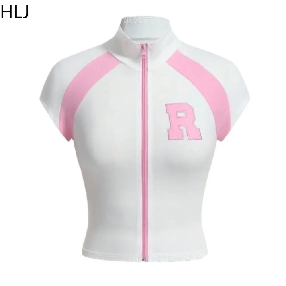 HLJ&GG Fashion Letter Embroidery Two Piece Sets For Women Zipper Short Sleeve Slim Top And Puffy Mini Skirts Outfits Streetwear