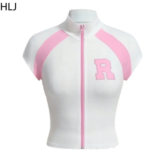 HLJ&GG Fashion Letter Embroidery Two Piece Sets For Women Zipper Short Sleeve Slim Top And Puffy Mini Skirts Outfits Streetwear