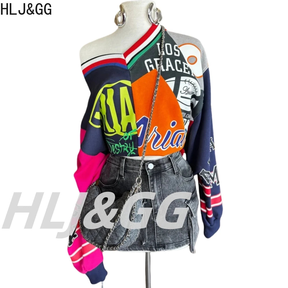HLJ&GG Fashion Letter Graffiti Print Pullover Two Piece Sets Women V Neck Long Sleeve Loose Top + Pleated Mini Skirts Streetwear