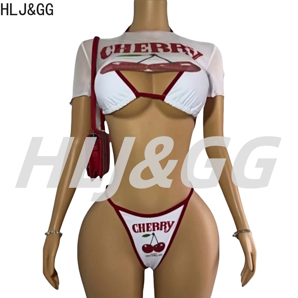 HLJ&GG Sexy Cherry Printed See Though 3 Piece Bikini Swimsuit Women Round Neck Short Sleeve Top Outfit Summer New 3pcs Beachwear