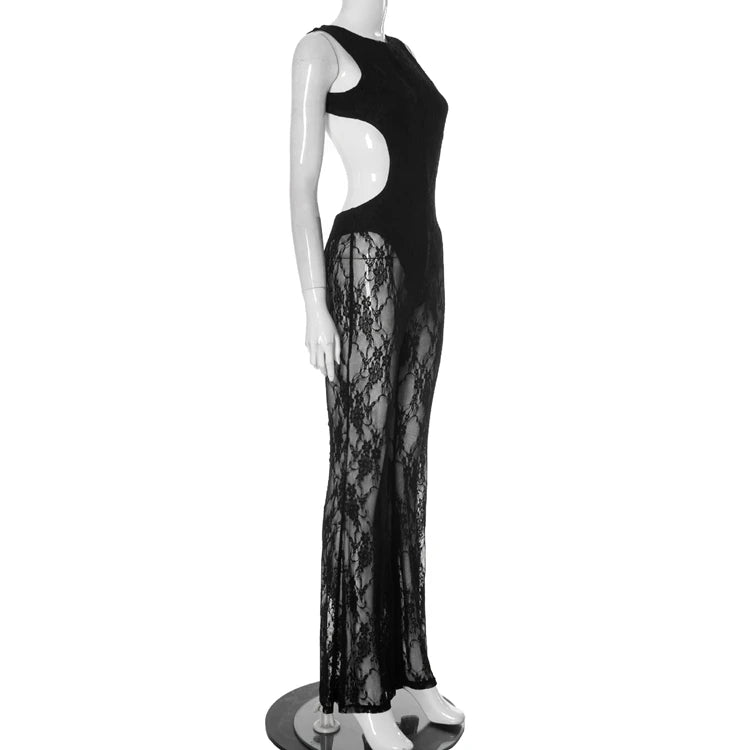 STYLISH LADY Black Lace Hollow Out Jumpsuits 2025 Summer Women Sleeveless Backless Bodycon Sexy Club Party One Piece Overalls