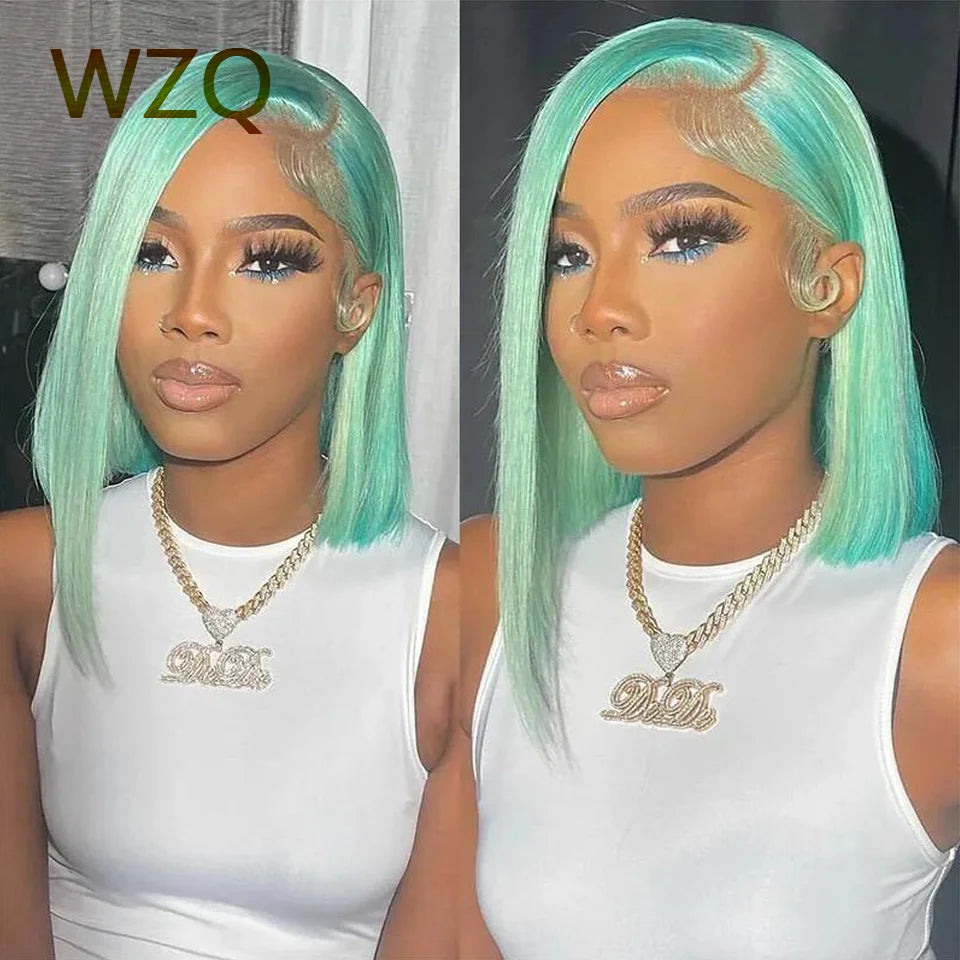 Straight Lace Front Wigs 180% HD Transparent Lace Frontal Wig Brazilian Remy Hair Wig 13x4 Mint Green Short Bob Wigs Human Hair