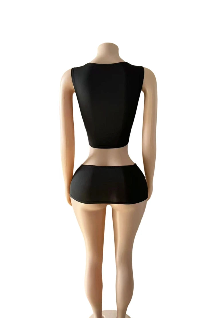 STYLISH LADY Letter Printed 2 Piece Set Women Sleeveless Crop Top and Mini Skirt Suit 2025 Summer Black Sexy Club Street Outfits